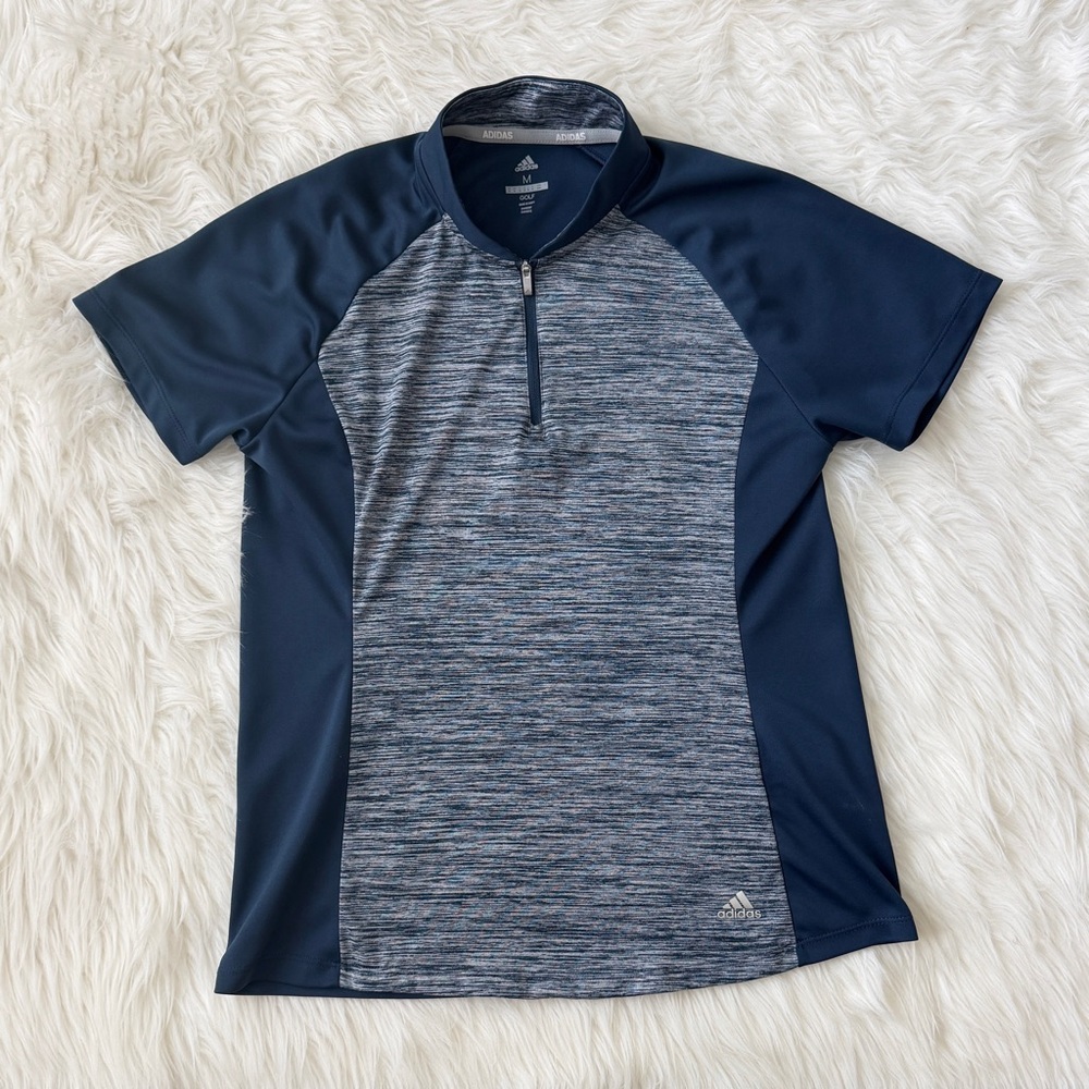 adidas Navy and Heather Gray Short Sleeve Quarter-Zip Golf Athletic Top
